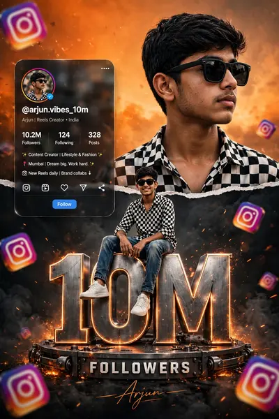 Ultra realistic Instagram milestone celebration poster design. A stylish Indian teenage boy wearing black sunglasses, black-white check shirt, blue