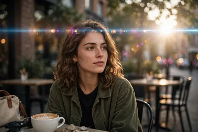 Add a cinematic anamorphic lens flare to this uploaded photo while keeping the subject and composition entirely intact. Identify the brightest light