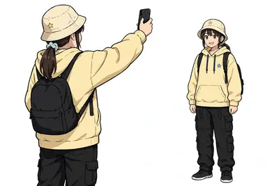 An anime-style full-body illustration, viewed from the back. The person is standing and holding a smartphone up to take a picture of the person on