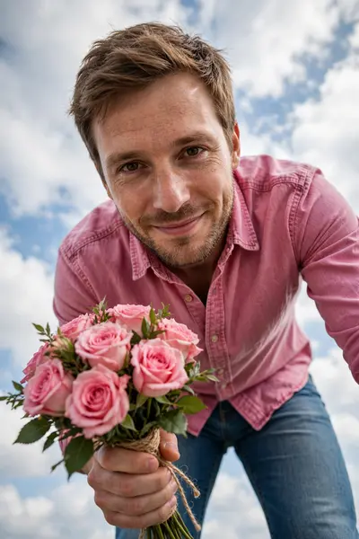 Prompt Men:Without changing the facial features and hair of above image man ,create an ultra realistic extreme low angle ground level point of view