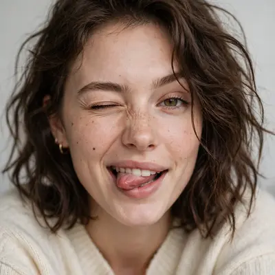 Create an ultra-realistic studio portrait featuring a playful expression such as a wink and tongue out. Use soft diffused lighting, a with shallow