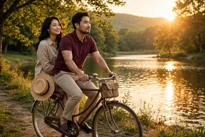 Create a high-resolution romantic outdoor scene featuring a beautiful couple ( keep 100 percent same face as attached images ) riding a vintage-style