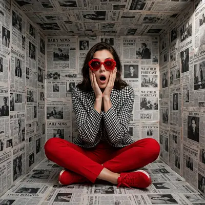 “Create A high-fashion, editorial-style portrait of me sitting cross-legged inside a small, box-shaped room completely covered with black-and-white