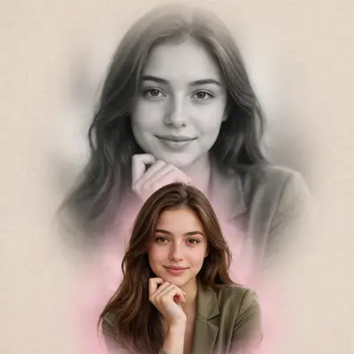 Create a stylish dual portrait profile image of a young woman using the same face. Foreground: a smaller, sharp, colored portrait of the woman placed