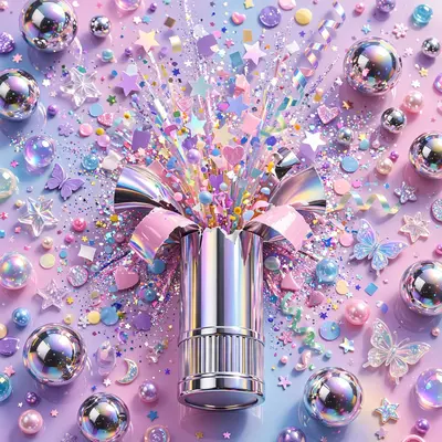 Glossy nostalgic Y2K digital art composition of a confetti cannon exploding at a party, chrome and glitter everywhere. Chrome-ball studio reflections
