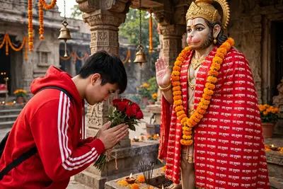 Create an image 👇A young man wearing a bright red hoodie with white Adidas-style stripes on the sleeves, standing in a temple area, bowing