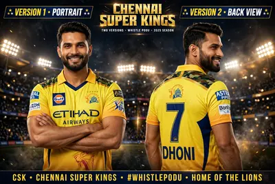 Create a dramatic ultra-realistic IPL-style poster using my photo. Keep my facial features exactly the same. Dress me in a Chennai Super Kings (CSK)