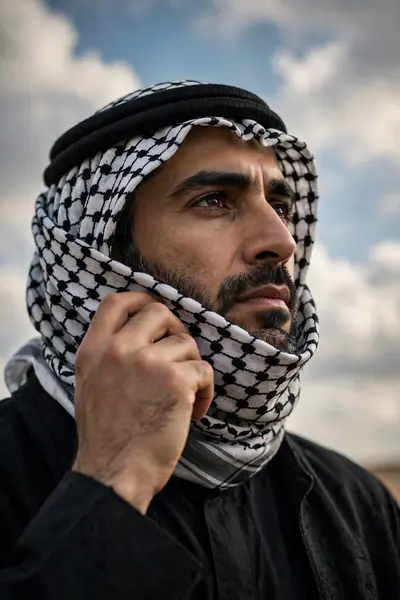 A cinematic portrait of a Middle Eastern man wearing a black and white keffiyeh (shemagh) covering part of his face, traditiona black thobe, looking