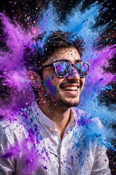 High-speed photography of a young man with the same face as the attached reference image. He has a natural joyful smile as a cloud of vibrant neon