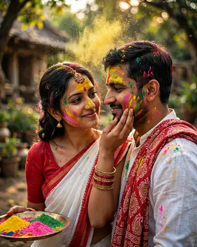Ultra-realistic DSLR photo of an Indian couple celebrating Holi outdoors, vertical 4:5 composition, candid close romantic pose, woman gently touching