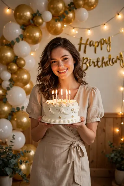 A warm birthday celebration scene with golden and white balloons arranged in an arch, fairy lights hanging on the wall, and a 'Happy Birthday' banner
