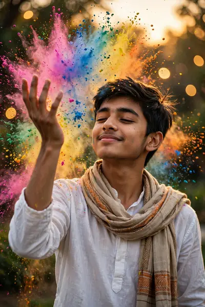 ultra-realistic Holi portrait of a young girl/boy in his 17s. Dressed in a white kurta and a lona scarf, he's surrounded by a shower of colorful