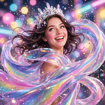 Playful bubblegum pop-art style portrait of a prom queen twirling in iridescent fabric, glitter drifting through the air. Sparkling glitter bokeh