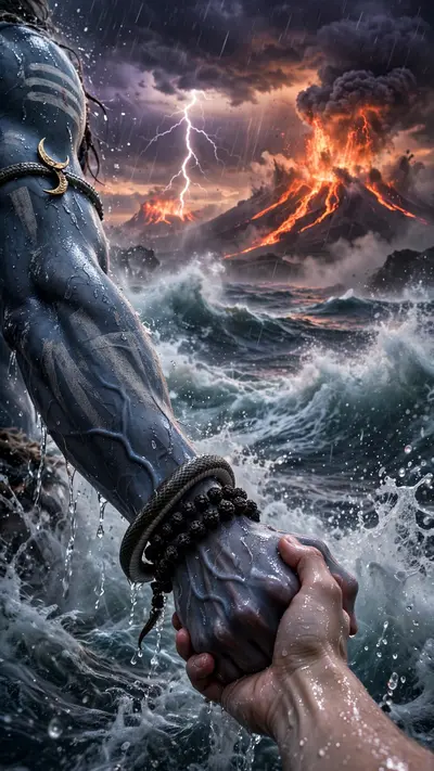 A cinematic mythological scene from a first-person POV, make me standing in a raging ocean during a cosmic storm and fully drenched, lord Shiva right