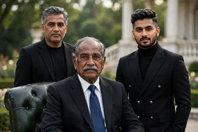 Ultra-realistic cinematic royal family portrait of three Indian men representing three generations. Grandfather seated at the center on a dark green
