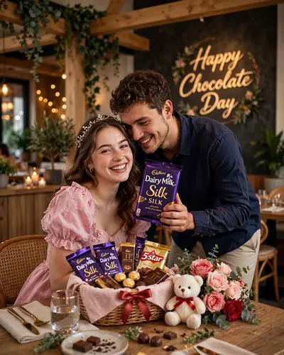 Ultra-realistic romantic Chocolate Day (Valentine’s Week) couple portrait indoors at a stylish modern café/restaurant, warm cozy ambient lighting