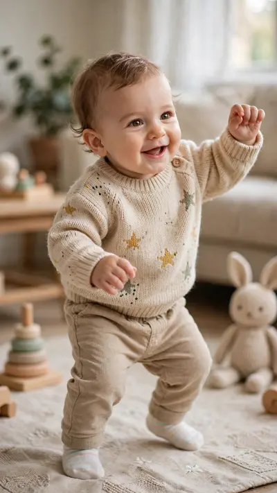 A cute baby dancing exactly to the rhythm of the provided song, precise beat synchronization, joyful baby expressions, smooth natural movements, no