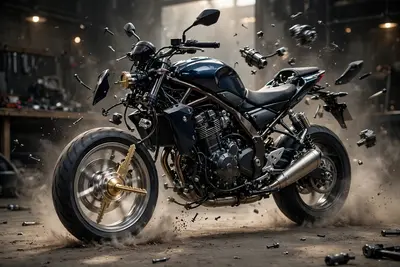 The key falls in smooth slow motion and transforms into a rotating motorcycle front tyre as it touches the ground, with soft dust flowing outward