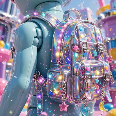 shiny plastic-toy render style snapshot of a holographic backpack slung over one shoulder, pure millennium-era energy. Candy-colored practical lights