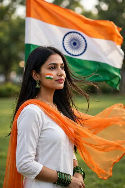 A beautiful Indian woman standing outdoors in front of a large Indian national flag (Tiranga) waving in the background. She has long straight dark