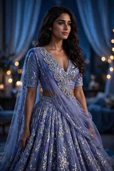 Using my uploaded photo as reference, change my outfit to the exact lavender-blue lehenga from the reference images. The lehenga has heavy silver