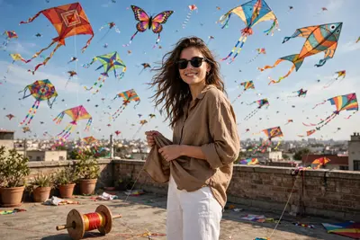 Using the uploaded [REFERENCE IMAGE] of the same woman as the main subject, create a realistic scene of a young woman posing on a rooftop under an
