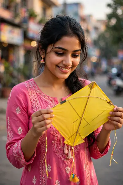 A beautiful young woman wearing stylish a bright, pink Indian kurti. She has a cute, cheerful smile, standing outdoors while holding a vibrant yellow
