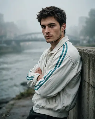 Ultra-realistic cinematic portrait, quality, professional film color grading with cool teal and neutral gray tones. A young man standing slightly