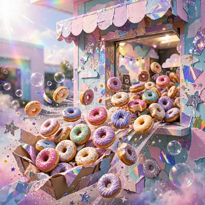 Dreamy glitter-bomb pop collage style scene featuring a frosted-donut run at a pastel drive-thru, surrounded by bubbles and sparkle. Pastel gradient