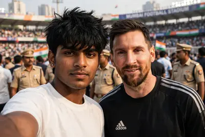 A hyper-realistic, cinematic smartphone selfie taken by a young Indian male fan standing next to Lionel Messi. The Fan (Subject A): A handsome young