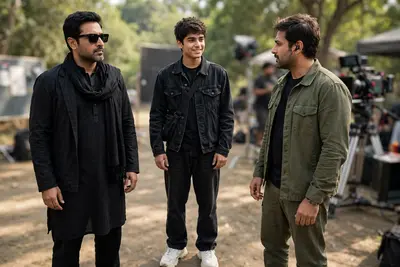 Natural BTS film shoot photo from movie “Dhurandhar”, outdoor daylight, cinematic natural light, shallow depth of field, realistic shadows. Three