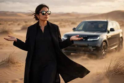"A stylish woman standing in a desert, wearing an all-black outfit with a black kurta-style dress and a long black coat, hands open in a casual what