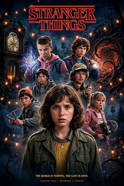 Generate an official Stranger Things season poster in the exact style of Netflix’s promotional key art, using the person in the reference photo as