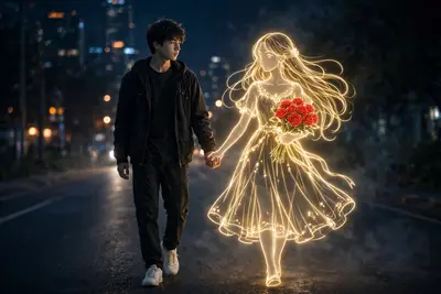 young man walks alone on a dimly lit path at night, wearing dark casual clothes and white sneakers. Beside him appears a Golden glowing, Deon-style