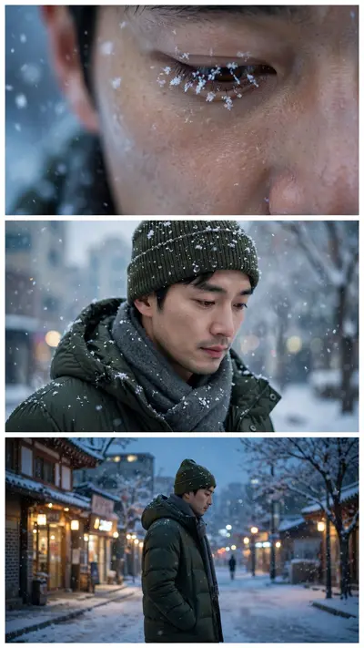 identical face shape, eyes, nose, lips, ears, and hairstyle from the uploaded man. Create a 9:16 vertical cinematic composite photo divided into 3