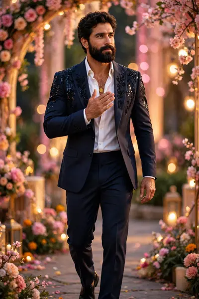Ultra-realistic cinematic full body shot of a sophisticated and confident fit man ( face and curly wavy hairstyle perfectly Cong as same as the