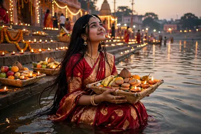 image of chath puja celebration afestival of bihar. This picture is of evening and use the image provided of the girl where shes holding the