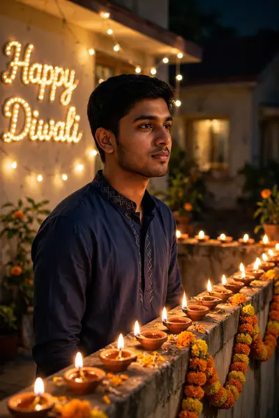 Portrait of a young man matching attached photo, standing on home terrace boundary, several diyas (oil lamps) lit along the edge, a house in the