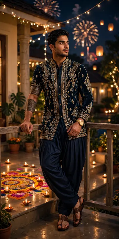 Ultra hyper-realistic, eye-level full-body vertical portrait of a handsome young man leaning casually on a terrace railing outside a bangle. One hand