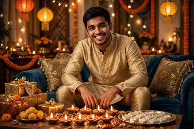 Ultra-realistic DSLR indoor Diwali portrait of the same young Indian man (face and hairstyle will same). He is sitting on a festive couch, wearing a