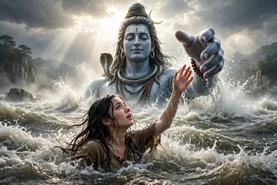 Without changing my facial features A young woman with dark black and brown long hair is struggling in a turbulent river, reaching his hand upwards