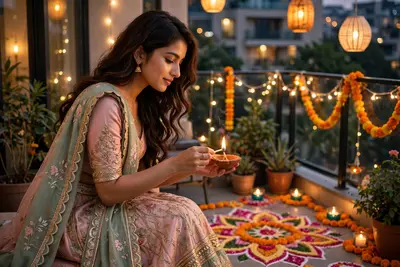 Ultra realistic HD Diwali festival scene, a beautiful young woman wearing a stylish traditional lehenga, gracefully lighting an earthen diya lamp