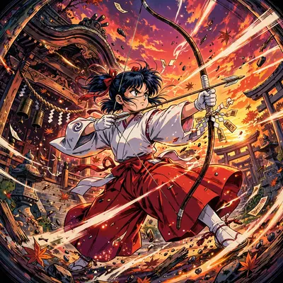 a shrine maiden drawing a sacred bow rendered in nostalgic cel-animation look, frozen mid-action with bold motion lines and flying debris. Vivid