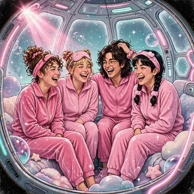 frosted-glass futurism illustration moment with a slumber-party crew in matching velour tracksuits, caught mid-laugh in flash-lit glory. Soft