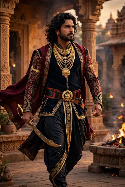 Full-body shot; Regal Indian warrior-prince (face from uploaded picture) Strong, heroic, and intense expression; midium Long, wavy, dark hair; Neatly