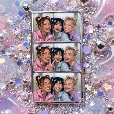 Glossy glossy Y2K digicam aesthetic composition of a photo-booth strip moment with best friends, chrome and glitter everywhere. Frosted window