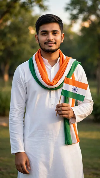 Create a vertical image (9:16) of a proud young Indian man standing confidently outdoors in daylight. He is wearing a clean white kurta with a