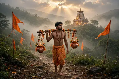 A devoted young Indian man, shirtless with a saffron dhoti and Rudraksha mala, walking barefoot towards a glowing temple in the early morning mist