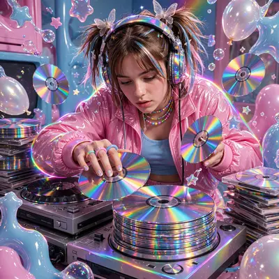 a CD-stack DJ spinning iridescent discs in early-2000s teen magazine photography, frozen in a flash of early-2000s magic. Iridescent rainbow rim