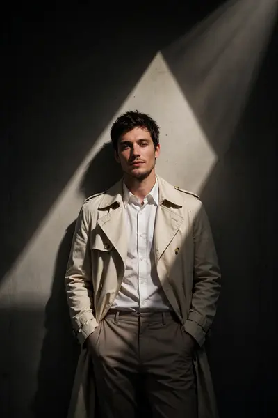 me poses confidently under dramatic lighting. I wear a cream-colored trench coat over a white button-up shirt and taupe trousers, my hands casually